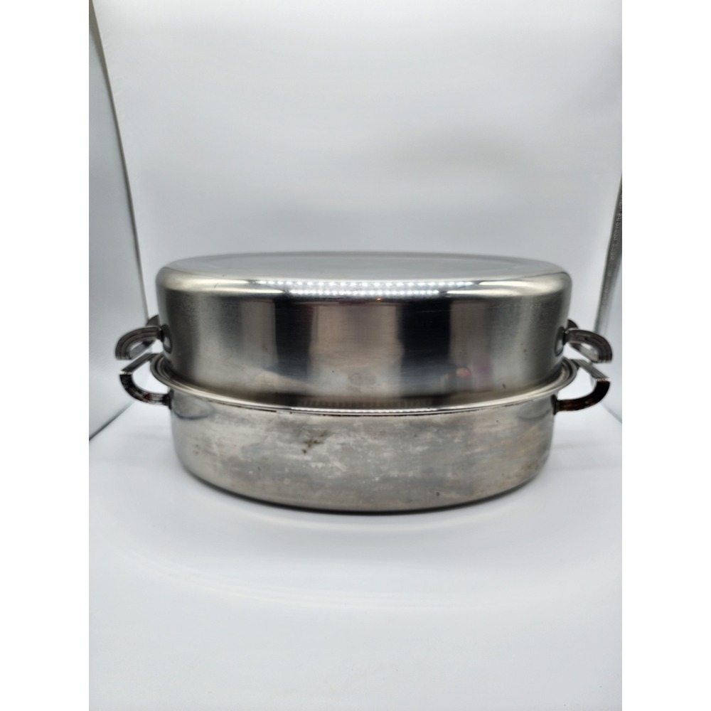 Vintage Flint Stainless Steel Oval Roasting Pan with High Dome Lid Art Deco